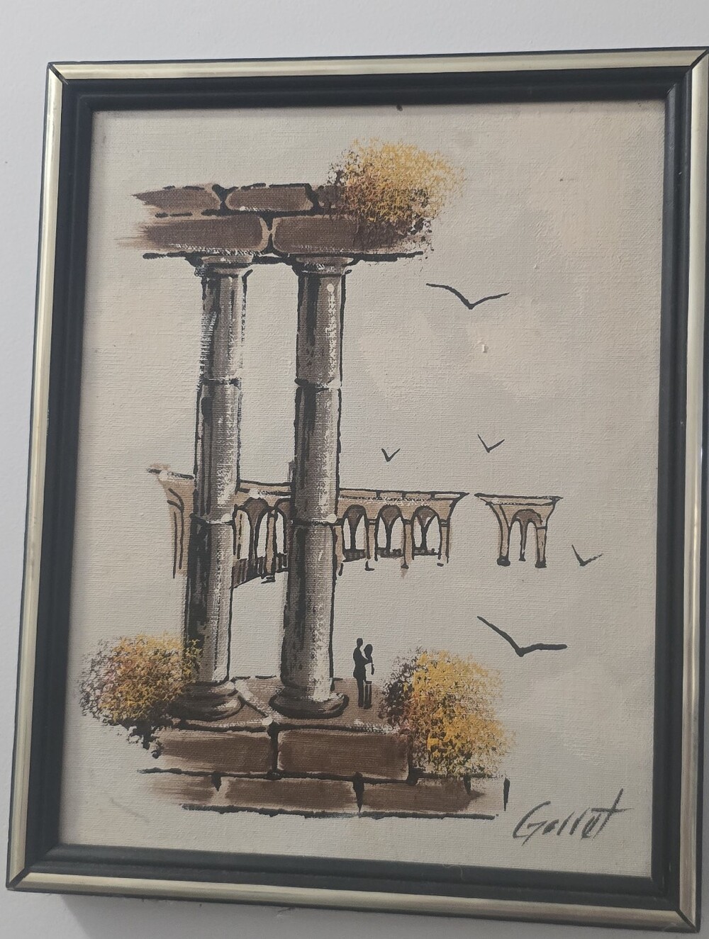 Garret Signed Framed Art Painting Of Eutopean Ruin Landscape With People